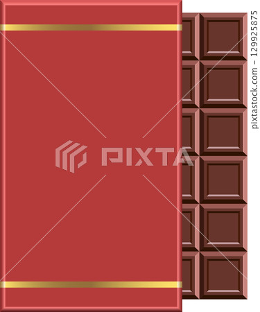 Chocolate bar with red wrapper. Sweet treat with rich flavor. Perfect snack for any occasion. 129925875