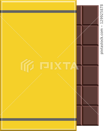 A yellow chocolate bar wrapper partially open, revealing a dark chocolate bar with sections. A yellow chocolate bar wrapper partially open, revealing a dark chocolate bar with sections. 129925878