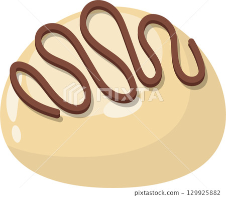 Cartoon illustration of a sweet roll with chocolate icing swirls on top of a baked bun. Cartoon illustration of a sweet roll with chocolate icing swirls on top of a baked bun. 129925882