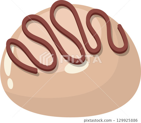 A pastry bun with a tan colored base, is topped with a zig-zag pattern of a brown topping. 129925886