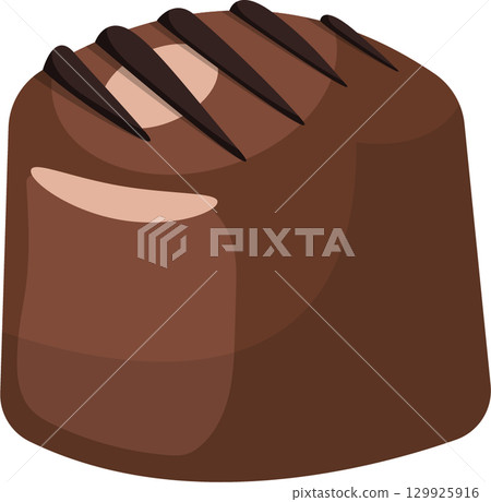 A square chocolate confection with a light tan design on the front and stripes on top. A square chocolate confection with a light tan design on the front and stripes on top. 129925916