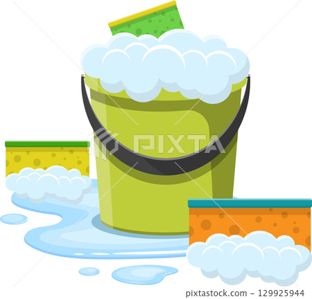 Cartoon bucket filled with soapsuds with sponges next to it, cleaning concept and household 129925944