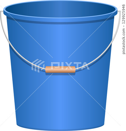 A blue bucket with silver handle and wooden grip, useful for carrying various items and liquids. 129925946