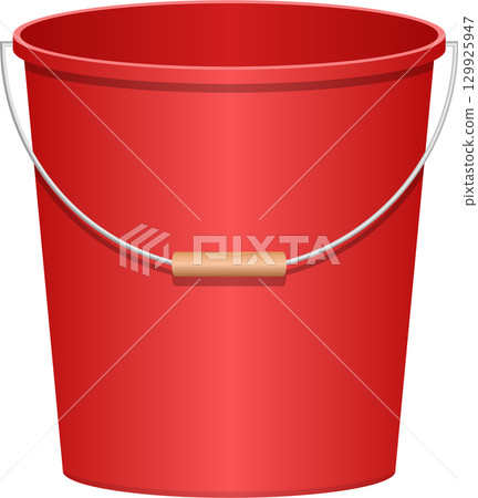 A red bucket with a silver handle and wooden grip against a black background. Isolated bucket. 129925947