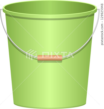 A light green bucket with a metal handle and a wooden grip, isolated against a black background. 129925948