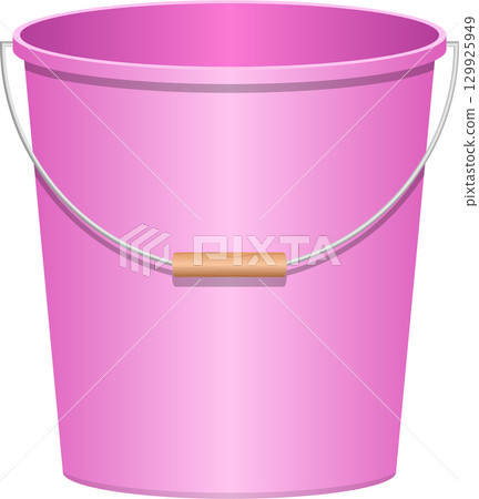 A pink bucket with a silver handle and wooden grip, isolated on a plain dark background. 129925949