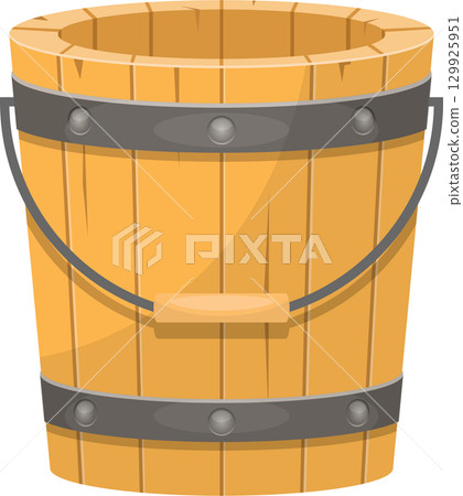 A wooden bucket with a metal handle and metal bands around it, shown against black background. 129925951