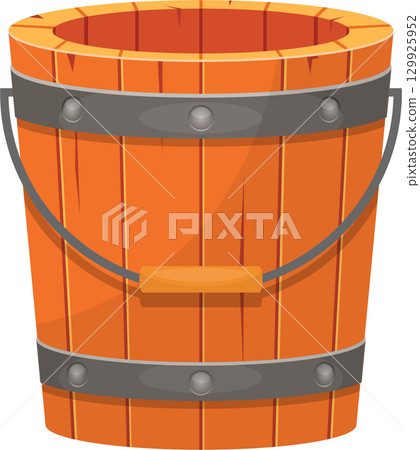 A cartoon-style wooden bucket with metal straps and a handle, suitable for various uses. A cartoon-style wooden bucket with metal straps and a handle, suitable for various uses. 129925952
