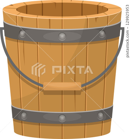 Wooden pail with metal handle and bands around the top and bottom, against a black background. 129925953