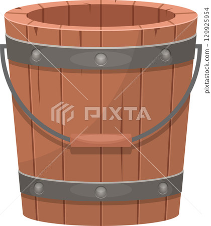 A rustic wooden bucket with metal bands and handle, cartoon style. Perfect for water or storage. 129925954