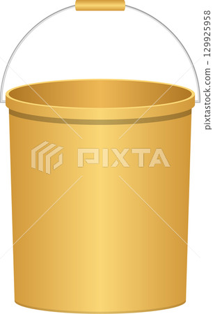 A golden yellow bucket with a silver handle, isolated against a stark black backdrop. Utility item. 129925958