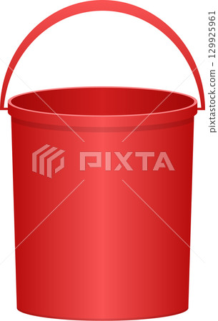 A red bucket with a handle stands ready to be filled, isolated against a black background. 129925961