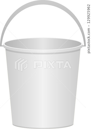 A gray bucket with a metallic handle stands ready, useful for carrying water and other things. 129925962