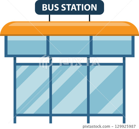 Stylized bus station illustration with an orange roof and reflective glass panels on a dark background Stylized bus station illustration with an orange roof and reflective glass panels on a dark background 129925987