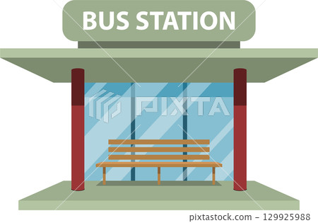 A bus station shelter with a bench inside, providing a place to wait for transportation. 129925988