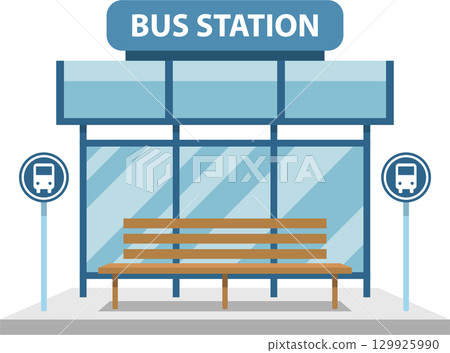 Illustration of a bus station with shelter, bench, and signage indicating its purpose for transport. 129925990
