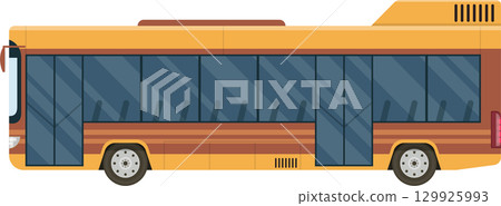 Side view of a cartoon-style passenger bus, showcasing its streamlined design and large windows. Side view of a cartoon-style passenger bus, showcasing its streamlined design and large windows. 129925993
