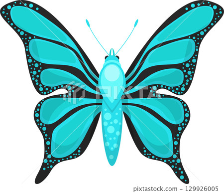A cartoon butterfly is shown against a black background, featuring teal and black wing colors. A cartoon butterfly is shown against a black background, featuring teal and black wing colors. 129926005