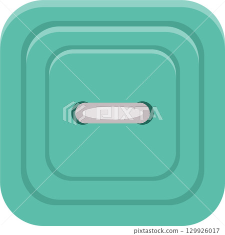 Stylized illustration of a square aqua-colored button with a gray bar through the center. 129926017