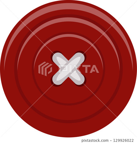 A round, red button with a glossy finish and white thread stitched in a cross pattern. 129926022