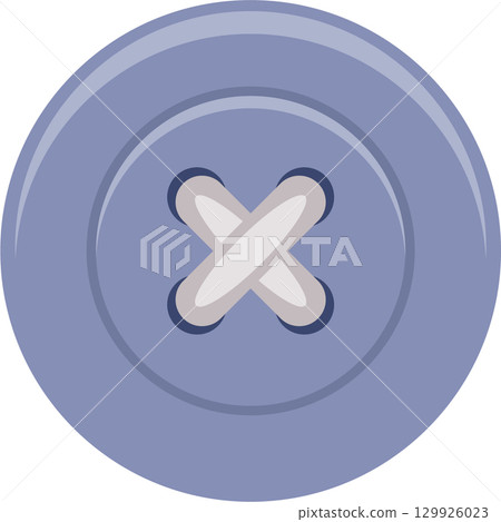 A circular, periwinkle blue button with light gray stitching in an X-shape. Sewing accessory. A circular, periwinkle blue button with light gray stitching in an X-shape. Sewing accessory. 129926023