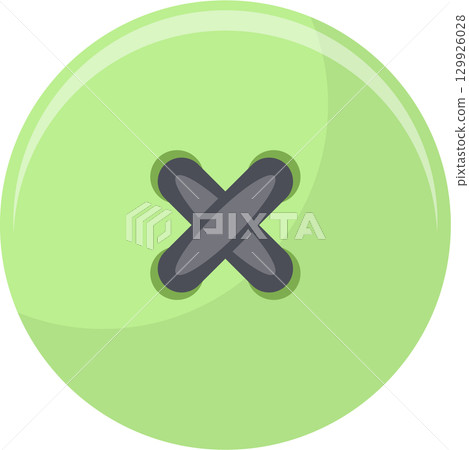 Cartoon depiction of a vibrant light green round sewing button with gray cross stitch detail. 129926028