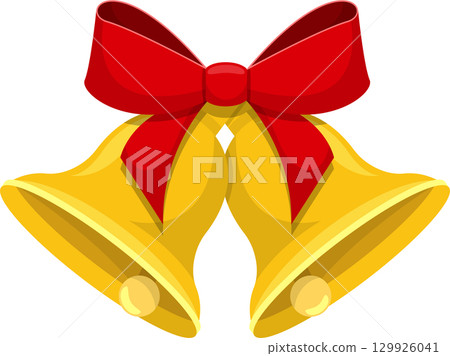 Two golden bells adorned with a vibrant red bow, a symbol of celebration and festive cheer. 129926041