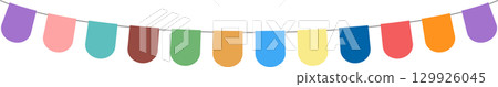 Colorful celebratory banner made of hanging flags in different colors strung across a wire. Colorful celebratory banner made of hanging flags in different colors strung across a wire. 129926045