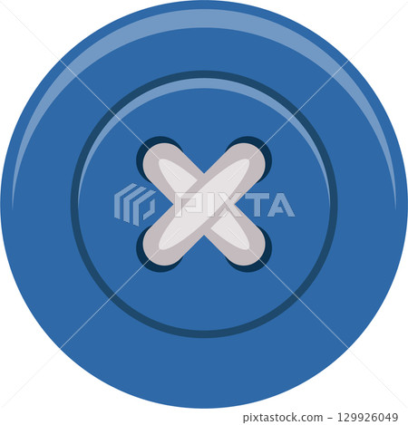 A blue four-hole button used in sewing and apparel applications to fasten fabrics together. 129926049