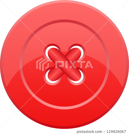 A shiny, red, round sewing button with a criss-cross thread detail on a black background. 129926067