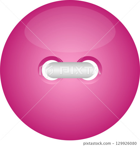 Shiny pink button with two holes and a silver bar used for attaching to garments or crafts. 129926080