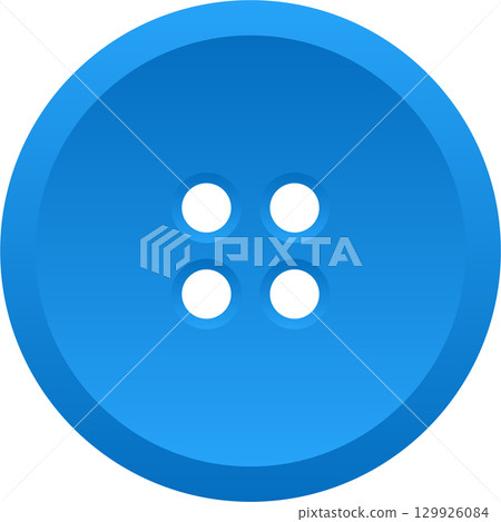 A vibrant blue button with four holes, isolated on a black background, sewing accessory. 129926084