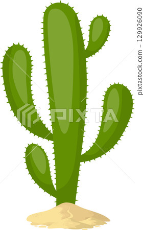 Green cartoon cactus with spines, set against a black background, placed in a pile of sand. 129926090