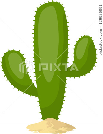 A cartoon cactus standing in a pile of sand on a black background, plant life in arid climate. 129926091