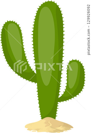 A vibrant green cartoon cactus stands tall on a patch of sand against a stark black backdrop. 129926092