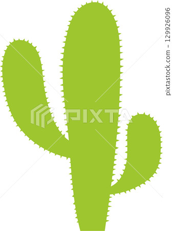 Illustration of a cartoon cactus in a bright green color on a solid black background. 129926096