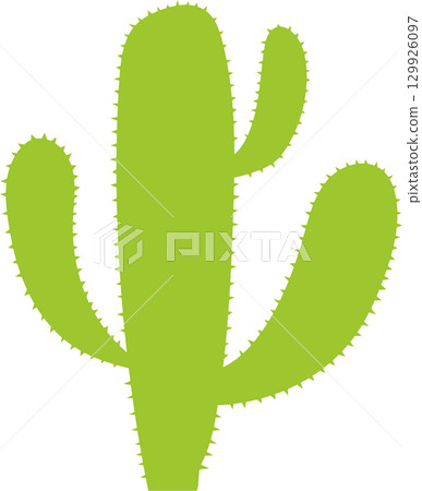 A stylized illustration of a large green cactus on a solid black background, nature art. 129926097