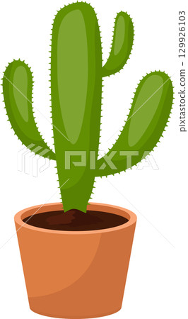 A cartoon cactus with many prickly spikes sits in a brown pot filled with brown soil. 129926103