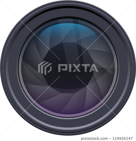 A stylized illustration of a camera lens with a visible aperture and a glossy, layered design. A stylized illustration of a camera lens with a visible aperture and a glossy, layered design. 129926147