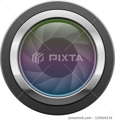 Silver-rimmed lens displaying a colorful geometric iris with a blurred, gradient appearance. 129926158