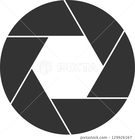 A stylized, dark gray aperture graphic with a hexagonal opening against a black background. A stylized, dark gray aperture graphic with a hexagonal opening against a black background. 129926167