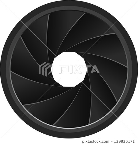 A stylized circular iris, comprised of interlocking dark blades, surrounded by a gray rim. 129926171
