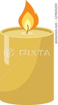 Illustration of a cylindrical yellow candle with a bright flame atop against a black background 129926204
