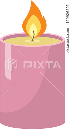 A pink cylindrical candle with a bright orange flame illuminating the surrounding area above. A pink cylindrical candle with a bright orange flame illuminating the surrounding area above. 129926205