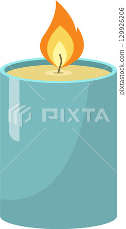 Minimalist illustration of a candle in a blue holder, featuring a bright flame illuminating the scene. 129926206