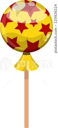 A bright yellow lollipop is covered in red stars and attached to a wooden stick on black. 129926224
