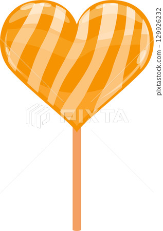 A delightful orange heart-shaped lollipop with diagonal stripe patterns against a black background. A delightful orange heart-shaped lollipop with diagonal stripe patterns against a black background. 129926232
