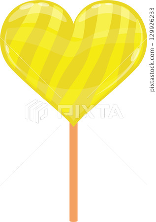 A heart-shaped lollipop with yellow and light yellow stripes isolated on black background. 129926233