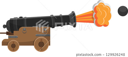 A cannon fires a cannonball with orange smoke and a fiery blast against a black backdrop. 129926248