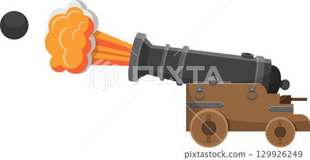 Cartoon cannon firing a cannonball with smoke and fire. The cannon is set against black space. Cartoon cannon firing a cannonball with smoke and fire. The cannon is set against black space. 129926249